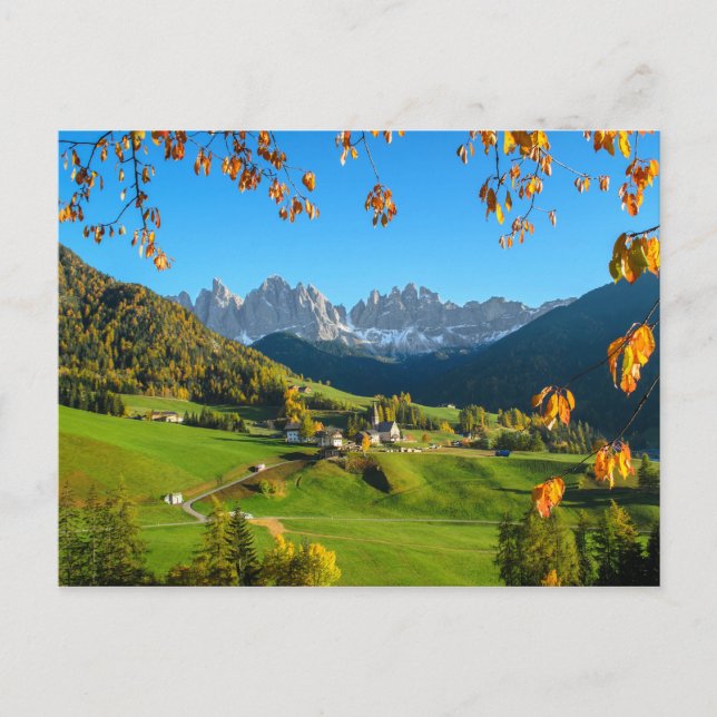 Val di Funes valley with autumn leaves postcard (Front)