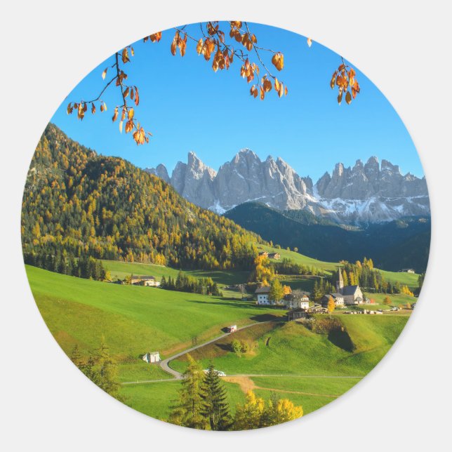 Val di Funes valley with fall leaves round sticker (Front)