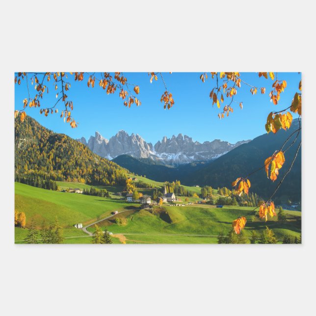 Val di Funes with autumn leaves rectangle sticker (Front)