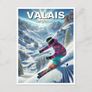 Valais Switzerland Skiing Skier Travel Postcard