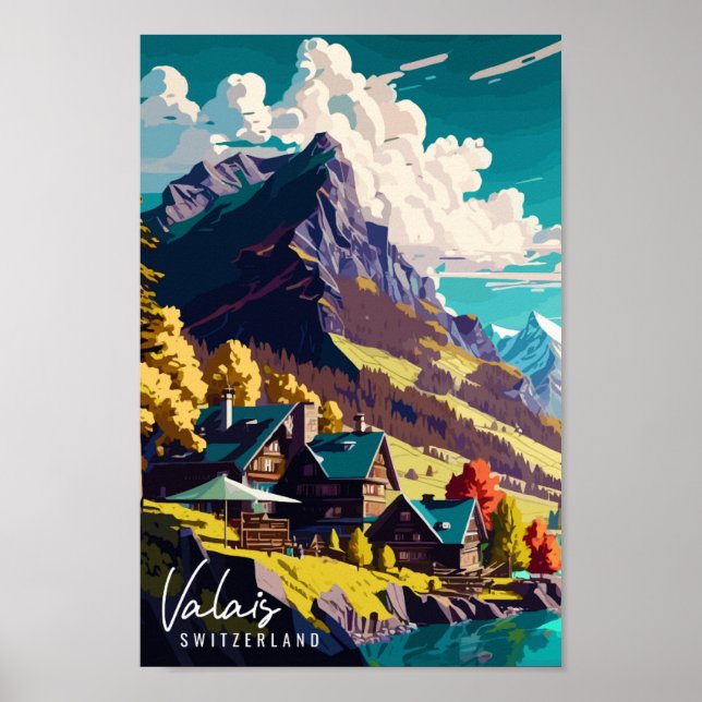 Valais Switzerland vintage travel illustration Poster (Front)