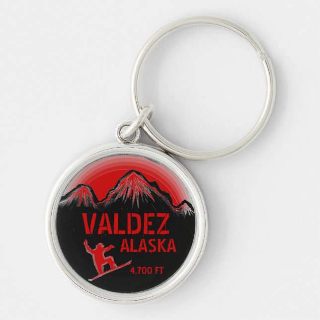 Valdez Alaska red snowboard art keychain (Front)
