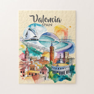 Valencia Spain Cityscape Watercolor Travel Custom Jigsaw Puzzle