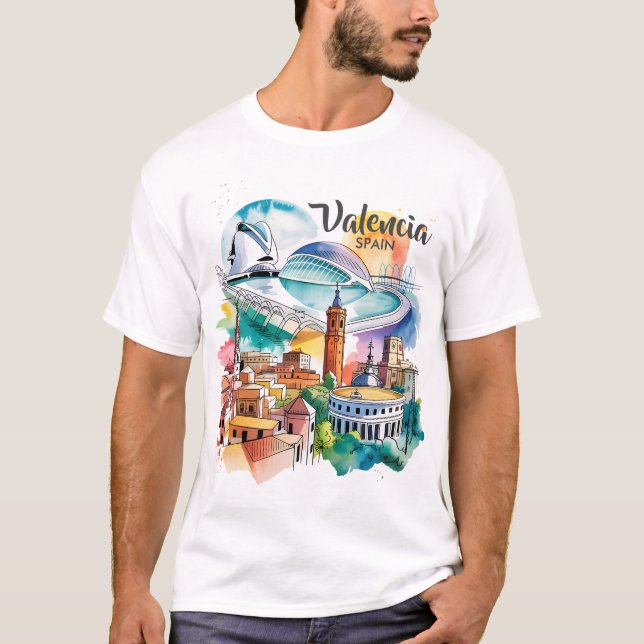 Valencia Spain Cityscape Watercolor Travel Custom T-Shirt (Front)