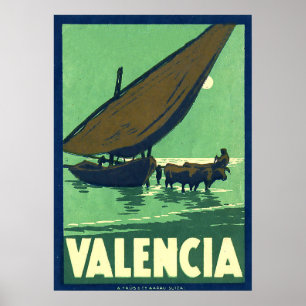 Valencia, Spain, fishing boat on sea, vintage Poster