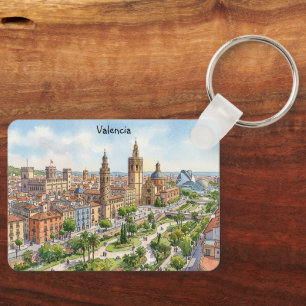 Valencia Spain Watercolor City View Retro Travel Key Ring