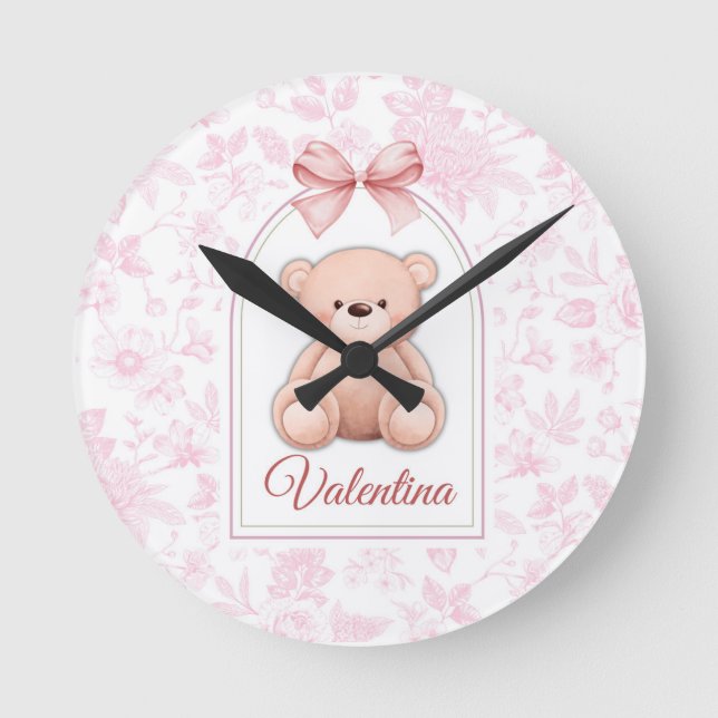 Valentina | Custom Pink Teddy Bear Nursery Design  Round Clock (Front)