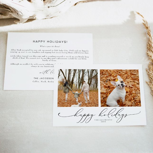 VALENTINA Elegant Script 2 Photo Happy Holidays Invitation (Elegant Script Two Photo Happy Holidays Minimalist Christmas Card)
