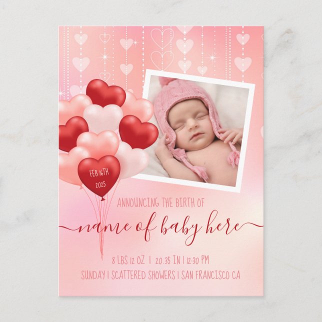 Valentine Baby Hearts Balloons February Birth Announcement Postcard (Front)