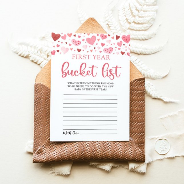 Valentine Baby Shower First Year Bucket List Game Invitation (Watercolor Pink Red Hearts Valentine Little Sweetheart Girl First Year Bucket List Baby Shower Game)