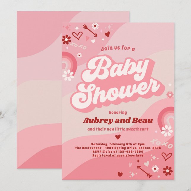 Valentine Baby Shower Groovy Baby Love Baby Shower Invitation (Front/Back)
