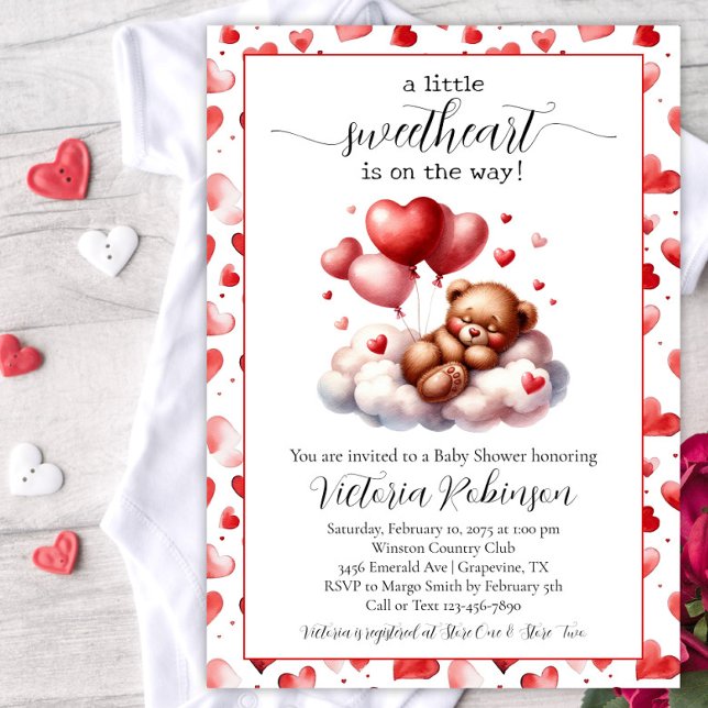 Valentine Bear Baby Shower Invitation (Cute Valentine bear baby shower invitation. This design works for a boy, girl or gender reveal.)