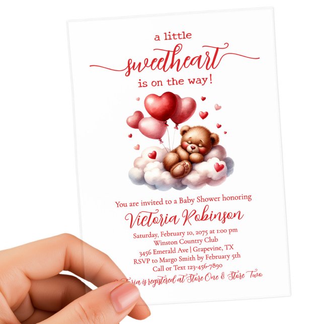 Valentine Bear Gender Neutral Baby Shower Acrylic Invitations (Cute Valentine bear baby shower invitation. Gender neutral, add your event details.)