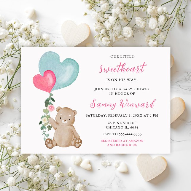 Valentine Bear Pink and Blue Heart Baby Shower Invitation (Creator Uploaded)