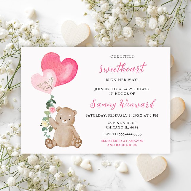 Valentine Bear Pink Heart Baby Shower Invitation (Creator Uploaded)