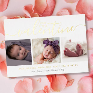 Valentine Birth Announcement Gold 3 Photo Hearts