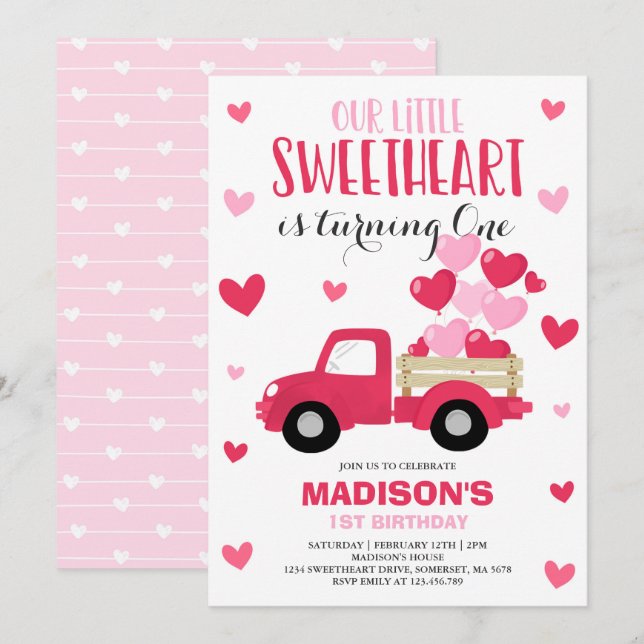 Valentine Birthday Invitation Sweetheart Red Truck (Front/Back)