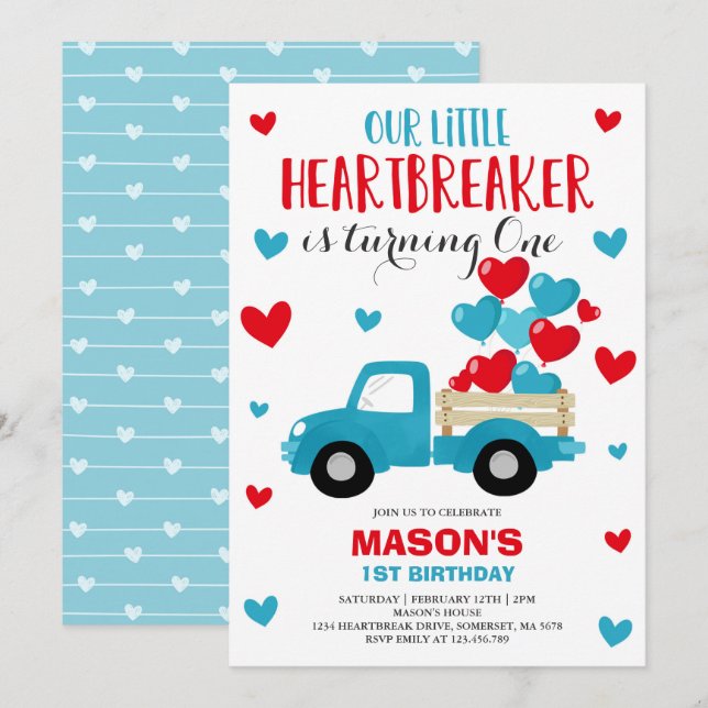 Valentine Birthday Invite Heartbreaker Blue Truck (Front/Back)
