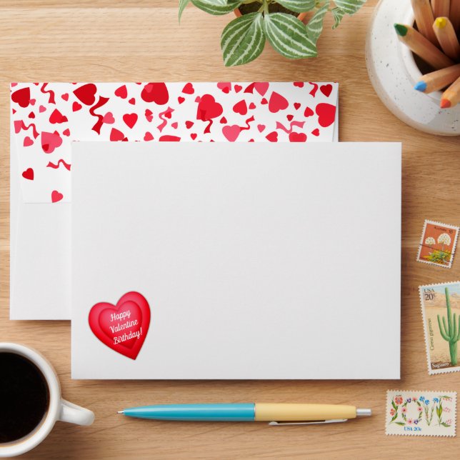 Valentine Birthday Red Confetti Heart Personalised Envelope (Desk)