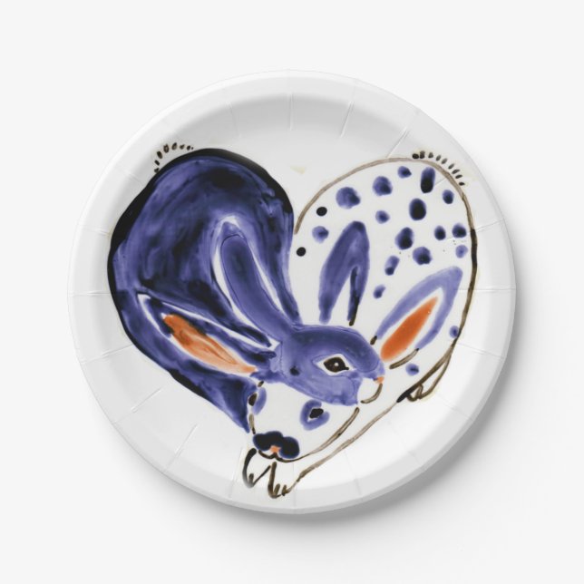 Valentine Bunny Rabbits Heart Blue & White Modern Paper Plate (Front)