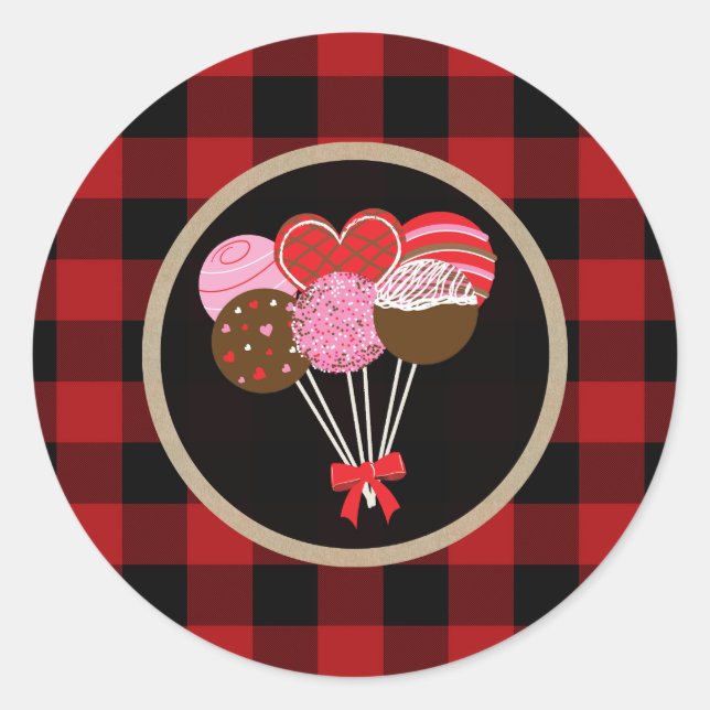 Valentine Cake Pops Cakepops Red Buffalo Plaid Classic Round Sticker (Front)