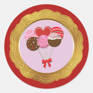 Valentine Cake Pops Pink Red Gold Pink Classic Round Sticker
