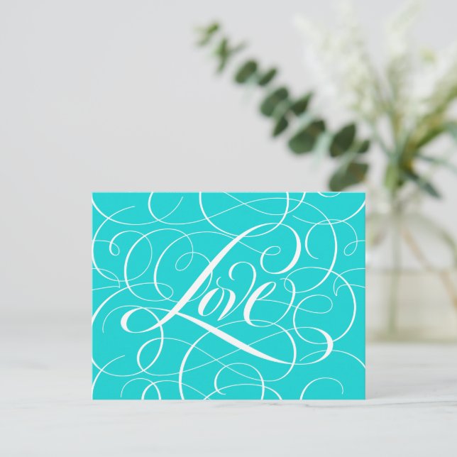 Valentine Calligraphy Love Heart Teal Aqua Blue Postcard (Standing Front)