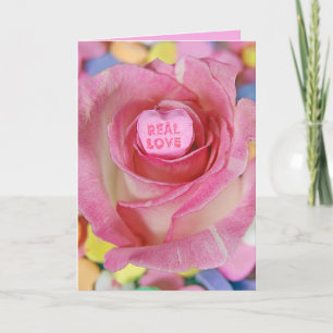 Valentine candy sweetheart in pink rose card