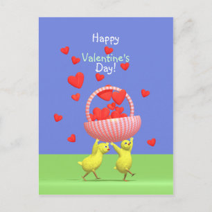 Valentine Chickens and Basket of Hearts Holiday Postcard