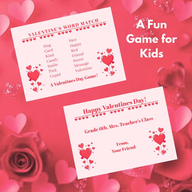 Valentine Classroom Game-Word Match Card (Valentine Classroom Game-Word Match Note Card for Kids)