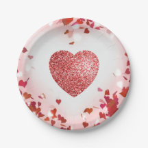 Valentine Confetti Red Glitter Heart Paper Plate