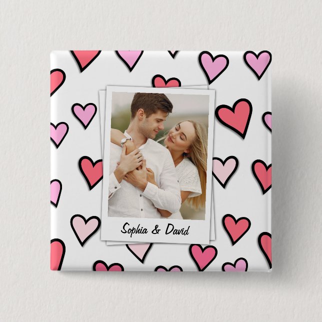 Valentine Couple Custom Photo Monogram Heart Shape 15 Cm Square Badge (Front)