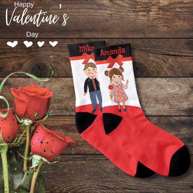 Valentine Couple Red White Black  Red Bow Socks (Valentine Couple Red White Black Red Bow Socks)