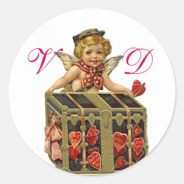 VALENTINE CUPID AND COFFER FULL OF HEARTS MONOGRAM CLASSIC ROUND STICKER (Front)