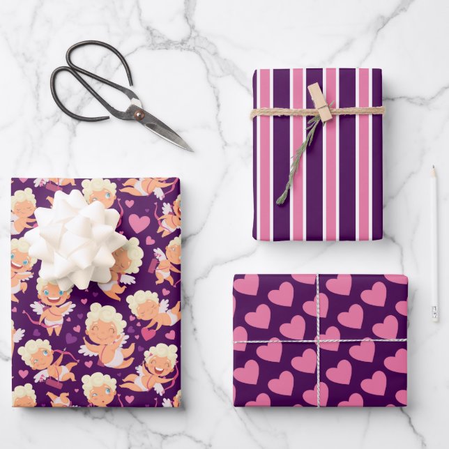 Valentine Cupid Love Wrapping Paper Set of 3 (Front)