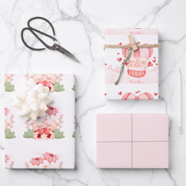Valentine Cute Baby Piglets Wrapping Paper Sheet (Front)