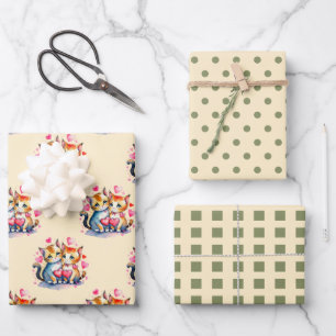 Valentine cute cats dots square pattern green wrapping paper sheet