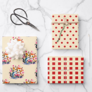 Valentine cute cats dots square pattern red wrapping paper sheet