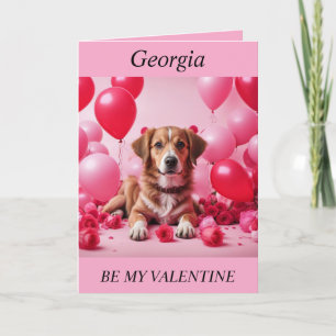 VALENTINE Cute Dog, roses, balloons, editable Card