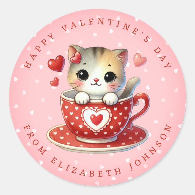 Valentine Cute Kitten Personalised Name Round Stic Classic Round Sticker (Front)