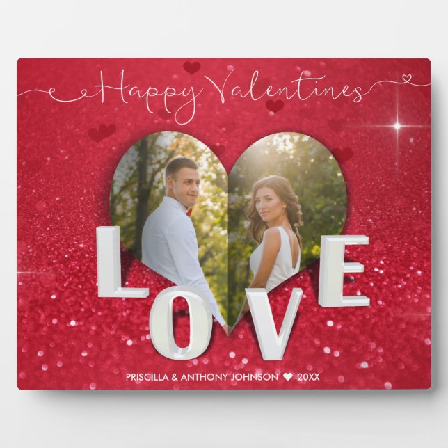 Valentine Day Heart Photo Red Glitter Photo Plaque (Front)