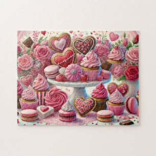 Valentine Dessert Heart Cookies & Cupcakes Table Jigsaw Puzzle