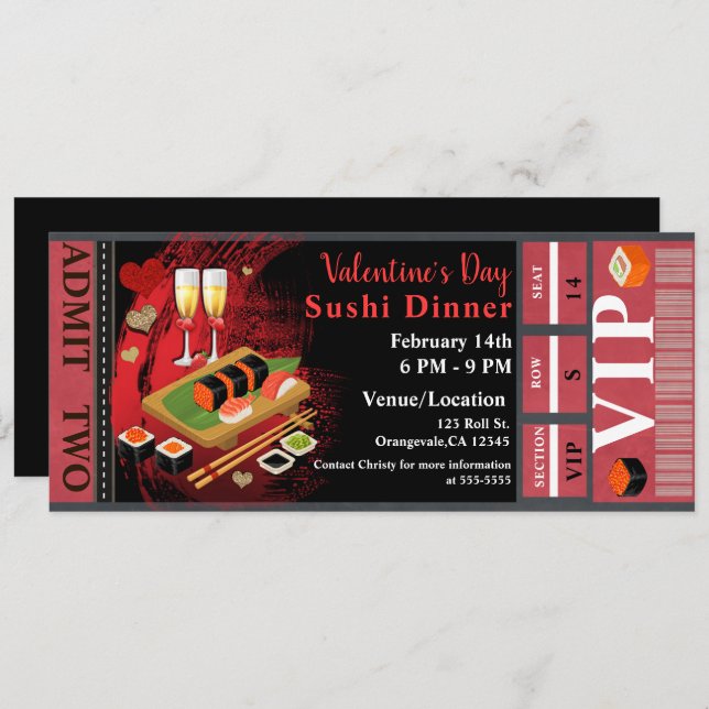 Valentine Dinner Black Red Sushi Party VIP Ticket Invitation (Front/Back)