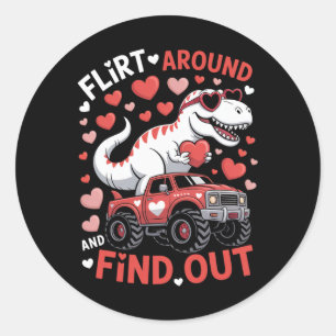 Valentine Dinosaur Monster Truck Flirt Around And  Classic Round Sticker