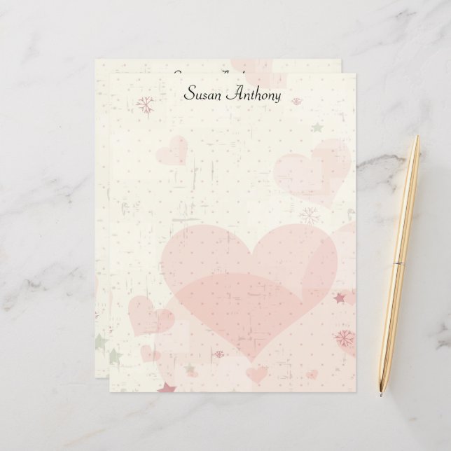 Valentine Distressed Pink Hearts Stationary Paper (Front/Back In Situ)
