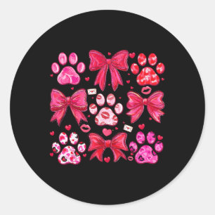 Valentine Dog Paw Pink Coquette Bow Pet Mom Girl W Classic Round Sticker