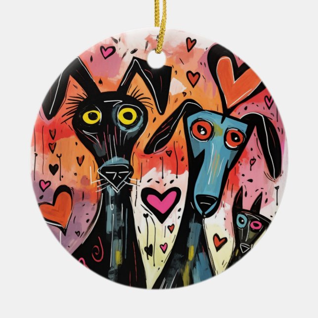 Valentine Dogs And Hearts Ceramic Tree Decoration (Front)