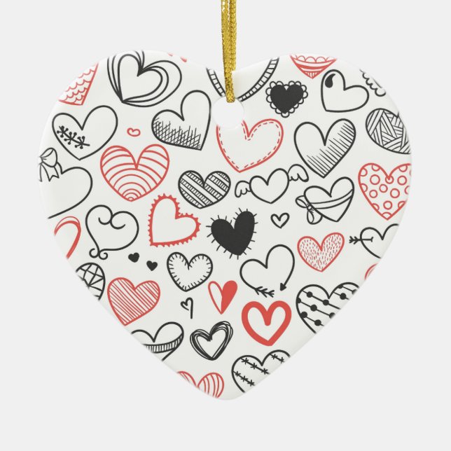 Valentine doodle hearts red and black hipster ceramic tree decoration (Front)