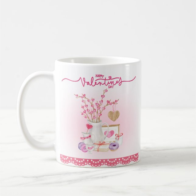 Valentine Doughnuts Vase Filled  Branches Hearts Coffee Mug (Left)