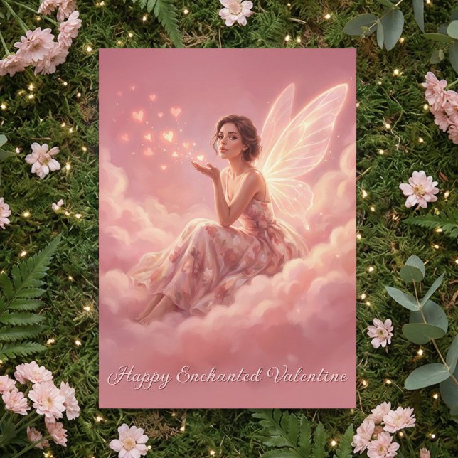Valentine Fairy on Pink Clouds Fantasy Art Holiday Card (Creator Uploaded)